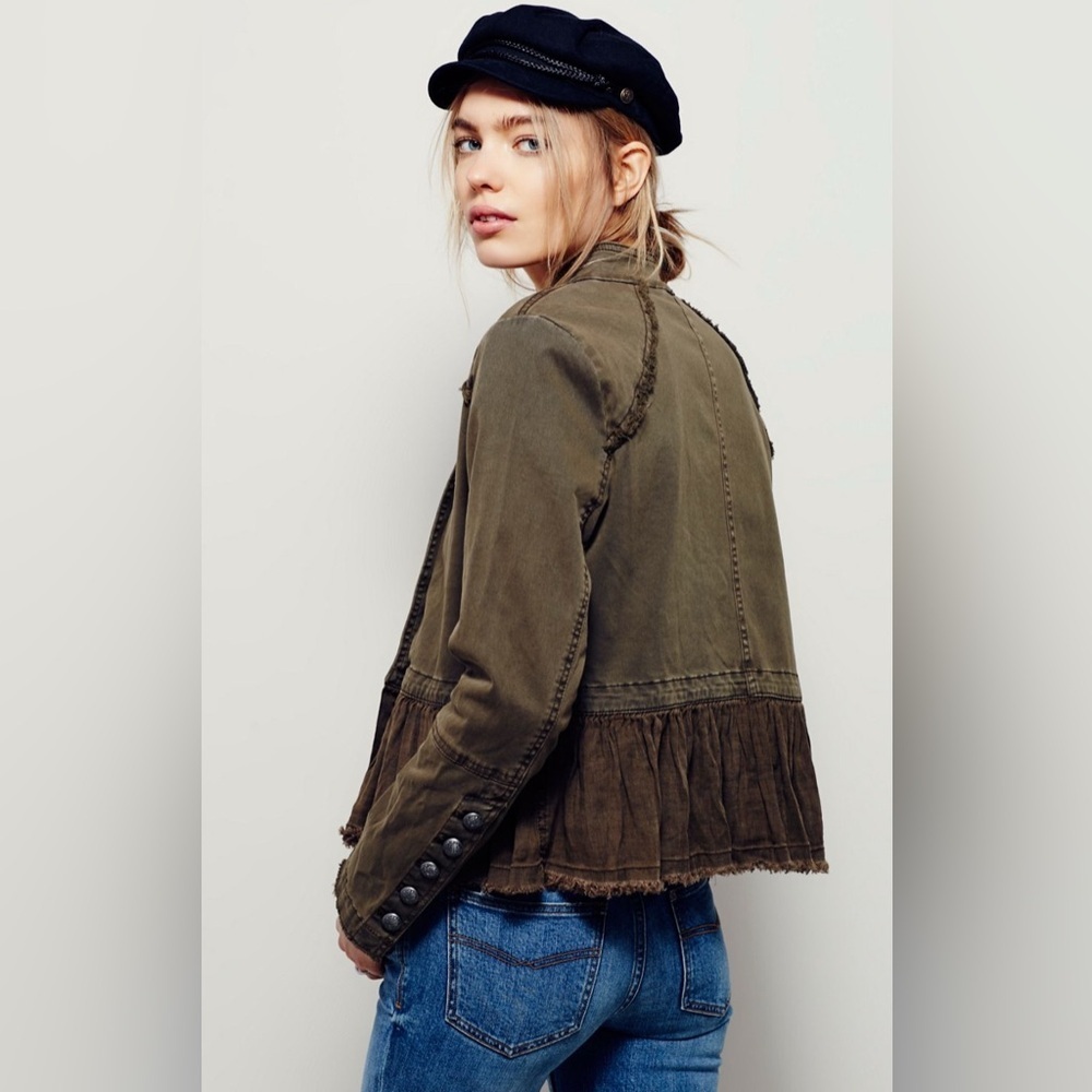 New Free People Flared Ruffle Hem Military Button Jacket Olive Army Green - Picture 6 of 13